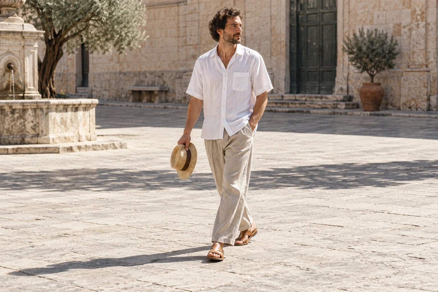 A man in a white linen shirt and stone trousers crosses a sunlit plaza carrying a woven straw hat.