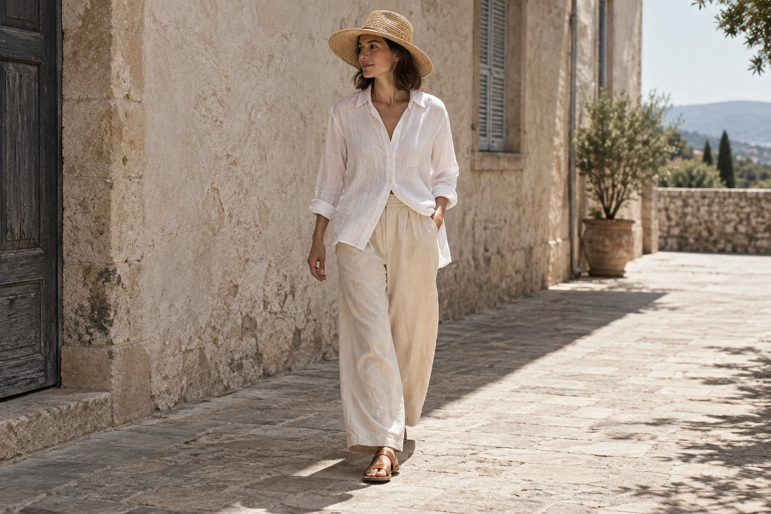A woman in loose white linen and ecru trousers walks a sunlit stone street beneath a wide straw hat
