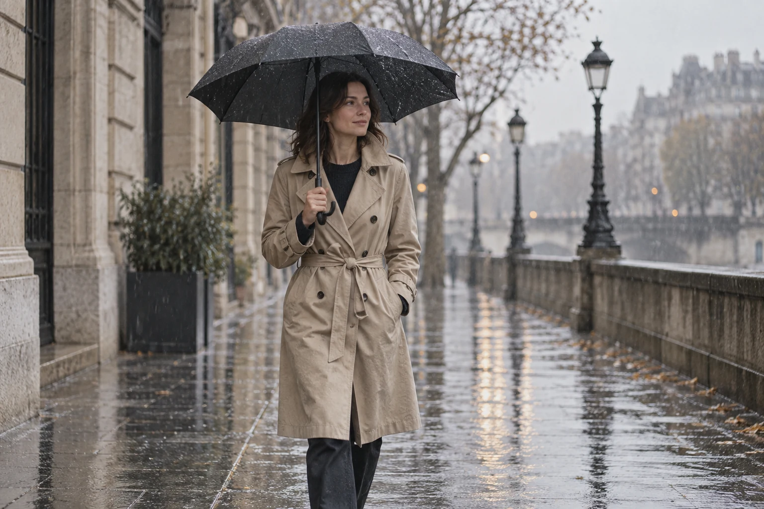 A woman walks a rain soaked city street in a belted stone trench coat beneath a plain black umbrella
