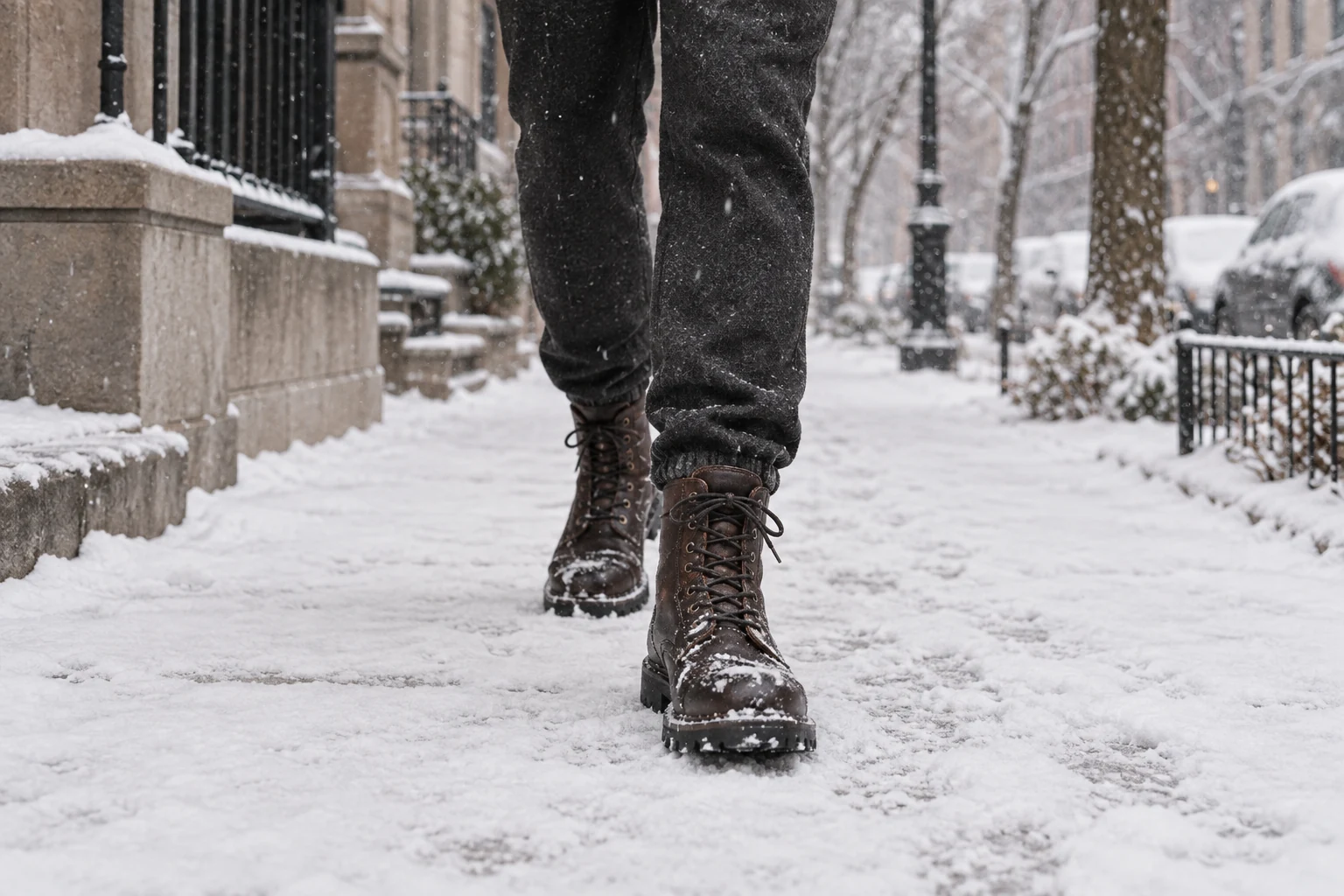Dark wool trousers and brown leather lug boots stride through fresh snow on a quiet city sidewalk