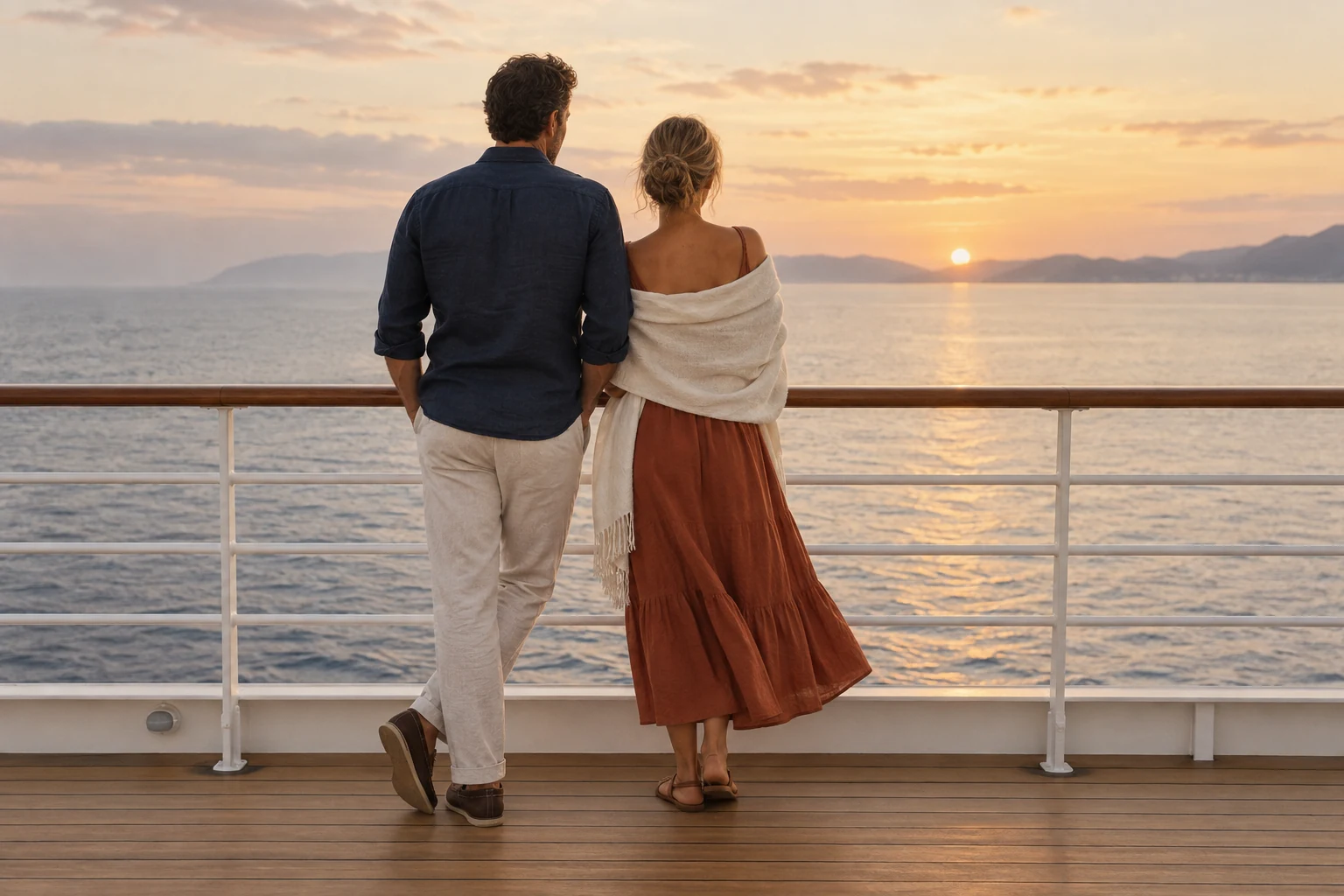 A couple in relaxed evening clothes watches a pale gold sunset from a ship deck.