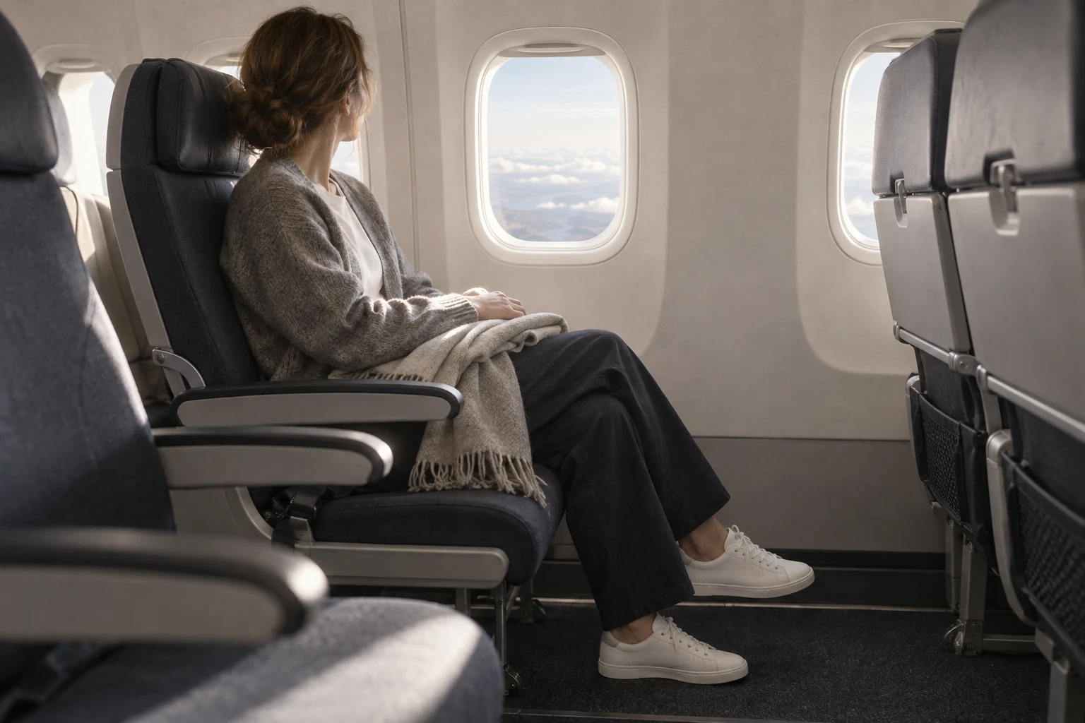 A traveler in soft gray layers sits by an airplane window with a wool wrap and plain white sneakers.
