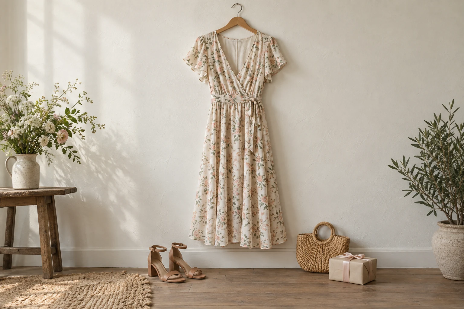 A floral midi dress hangs above tan sandals beside a straw bag and wrapped gift
