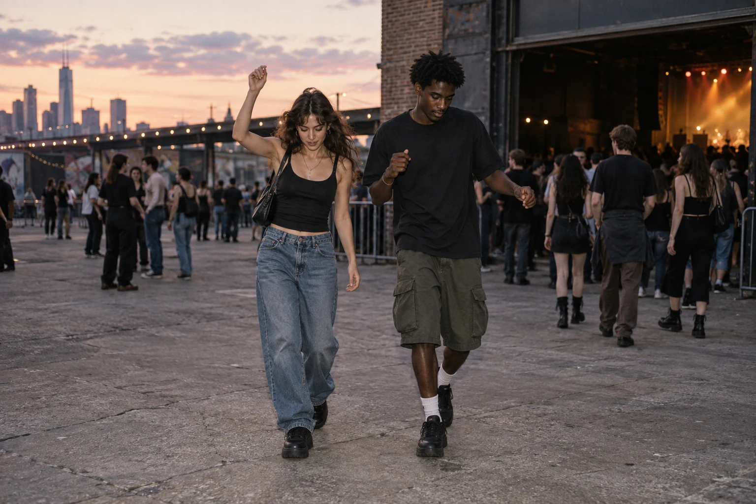 Two young friends laugh and dance outside a busy music venue at dusk in relaxed concert outfits