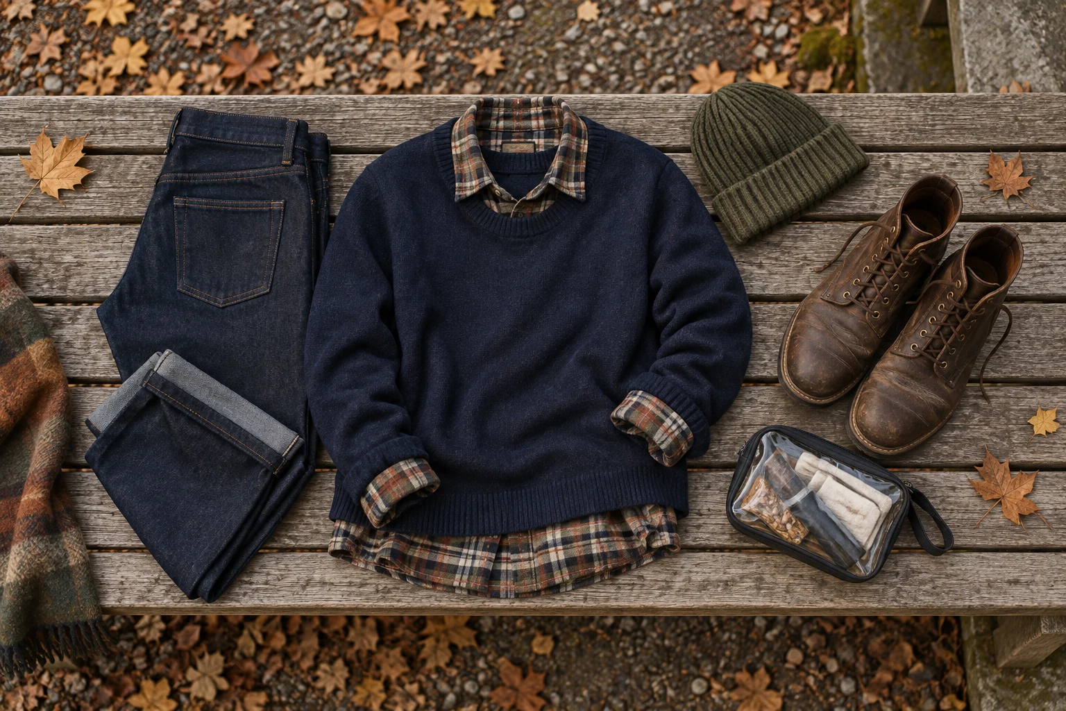 A navy sweater layered over flannel sits with jeans boots a beanie and clear bag on a wooden bench