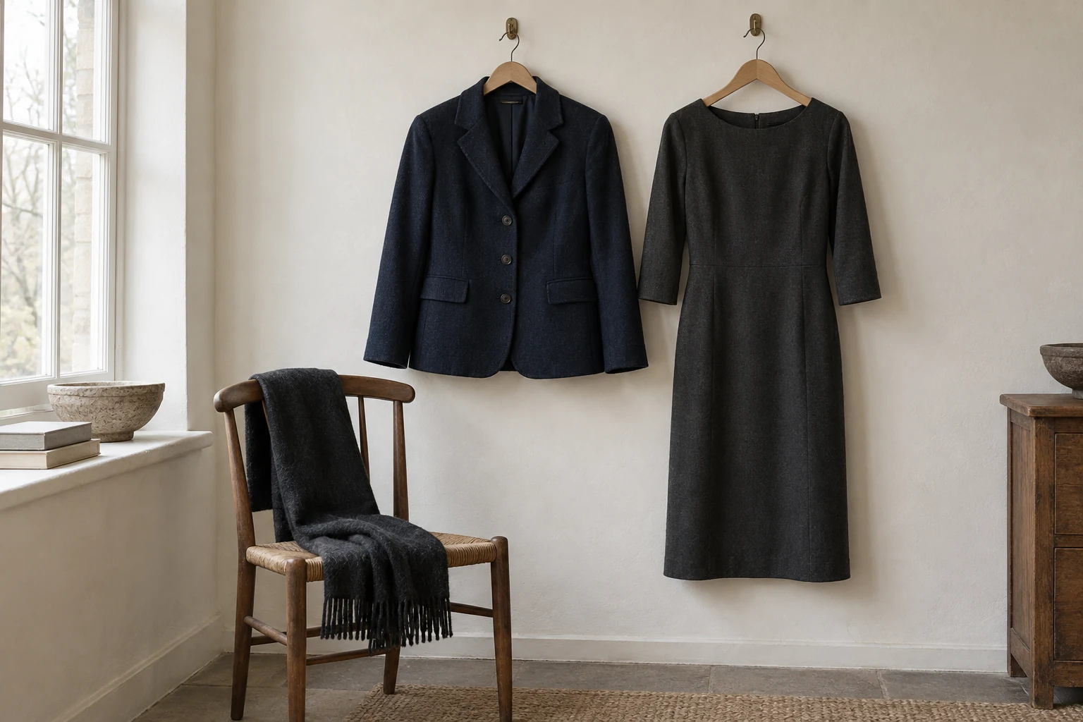 A navy wool jacket and charcoal dress hang above a chair draped with a folded dark scarf.