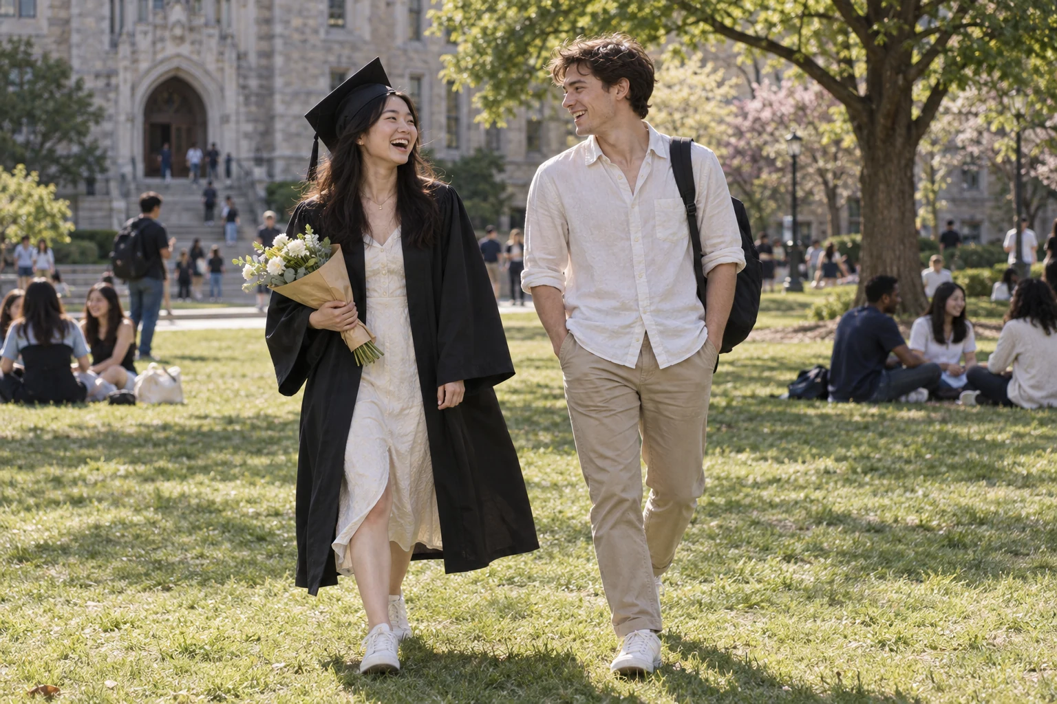 A graduate in a black gown laughs with a friend while walking across a sunny campus lawn