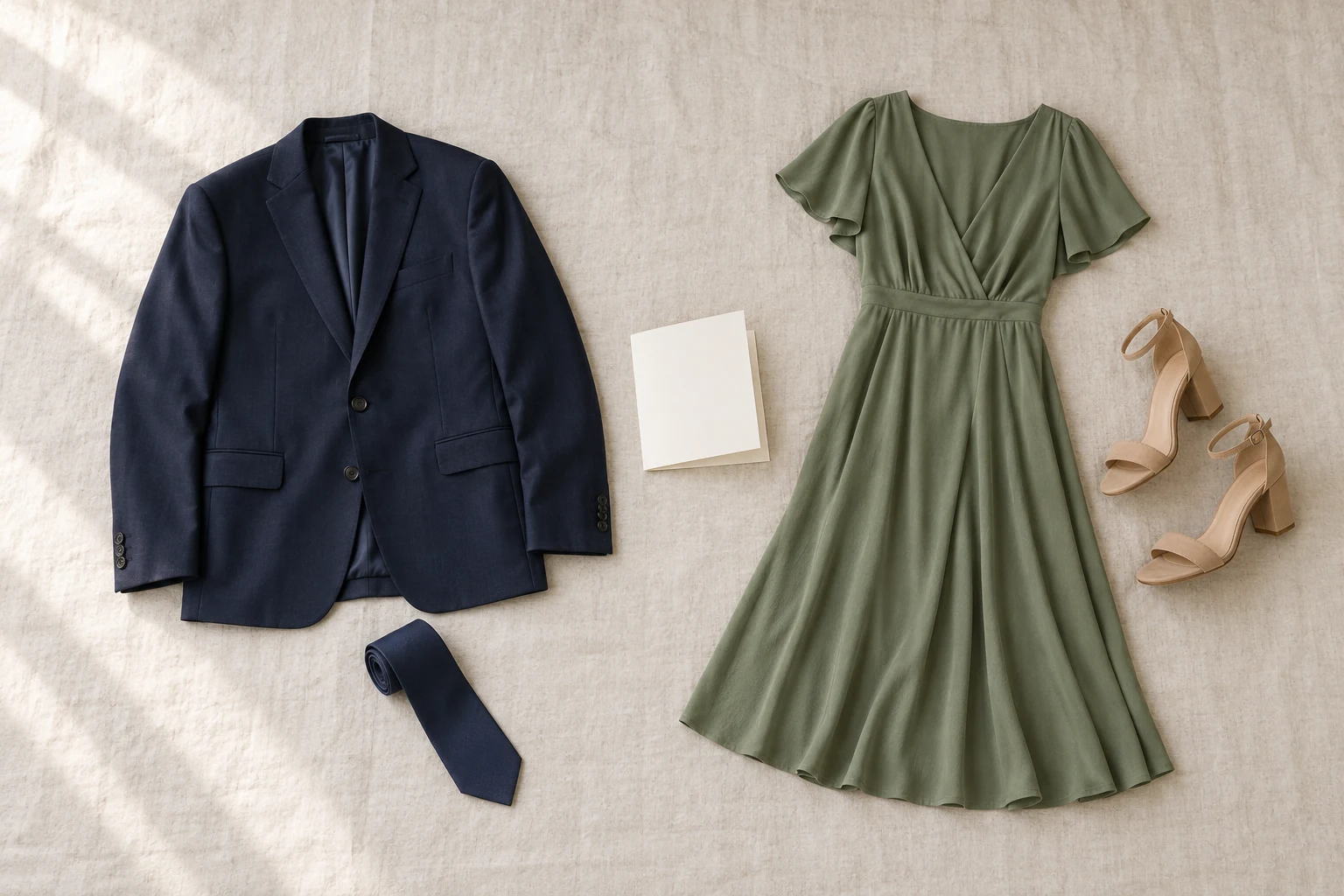 A navy jacket and tie sit beside a blank invitation, sage dress, and nude heels on pale linen