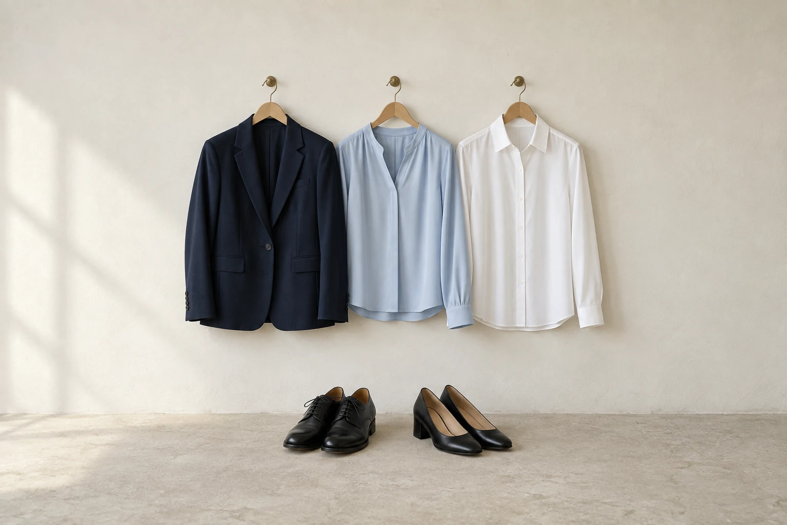 A navy blazer and two shirts hang above polished dark shoes and low heels against a softly lit off white wall.