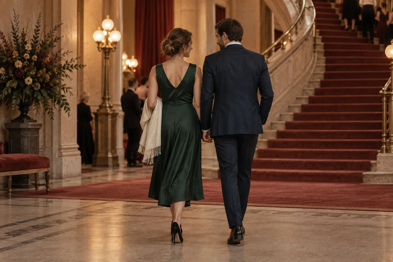 A couple in a deep green dress and navy suit walks toward a curved red carpeted staircase