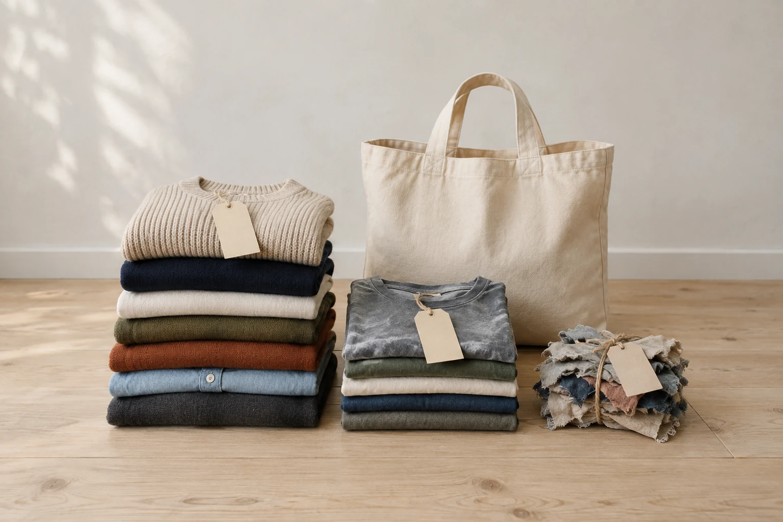 Three blank tagged groups of folded and torn clothing sit beside a plain canvas tote on a pale wooden floor.