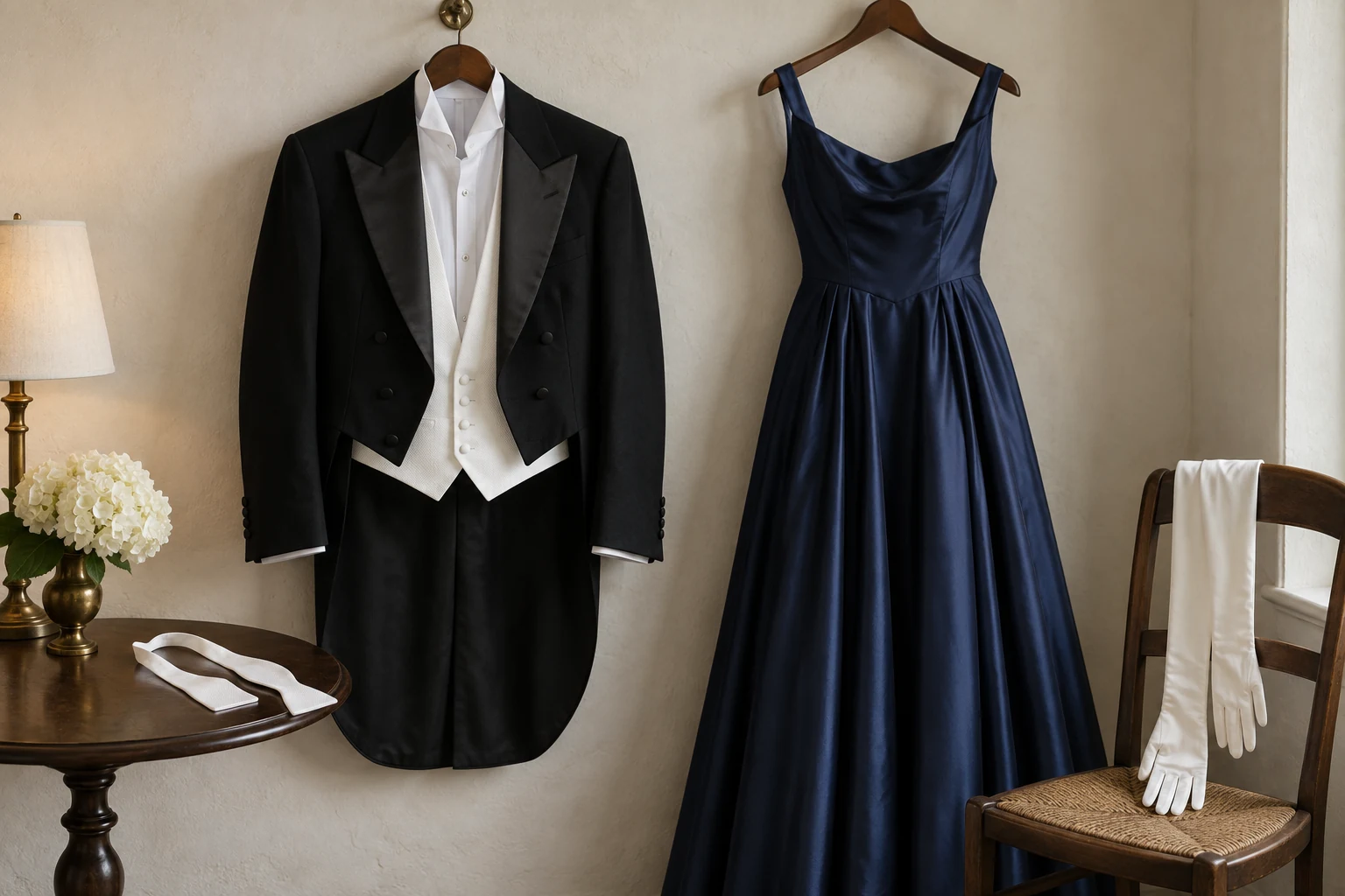 A black tailcoat and white waistcoat hang beside a midnight blue gown with an untied bow tie and white gloves