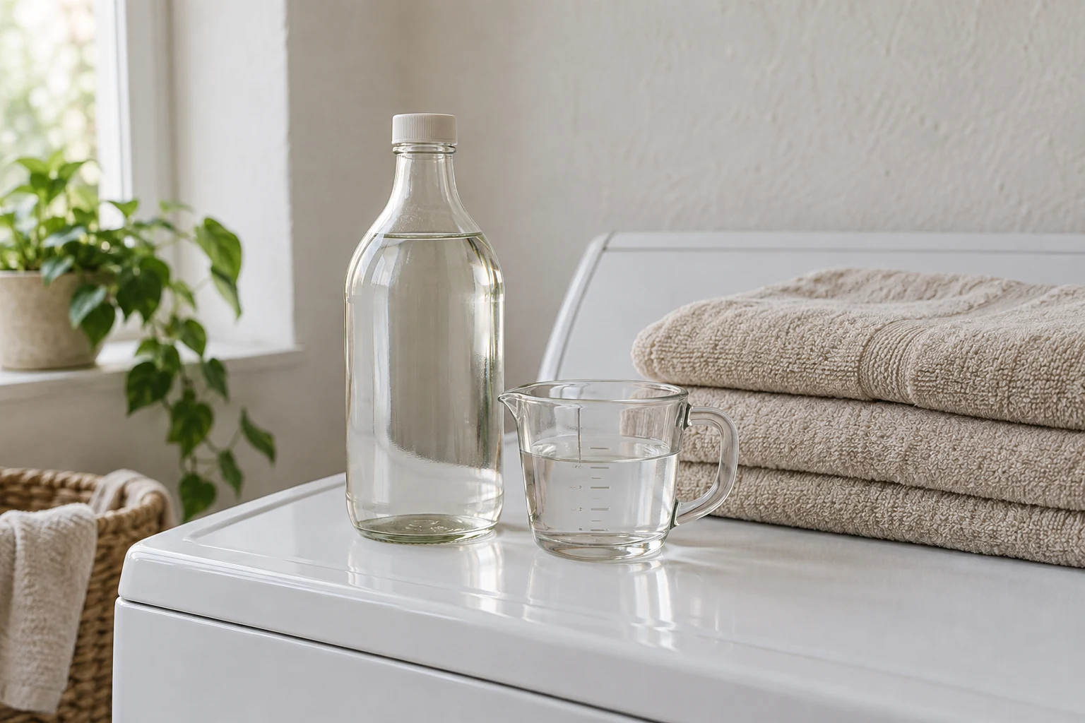 A clear unlabeled vinegar bottle and filled glass measuring cup sit beside folded oatmeal towels on a washer
