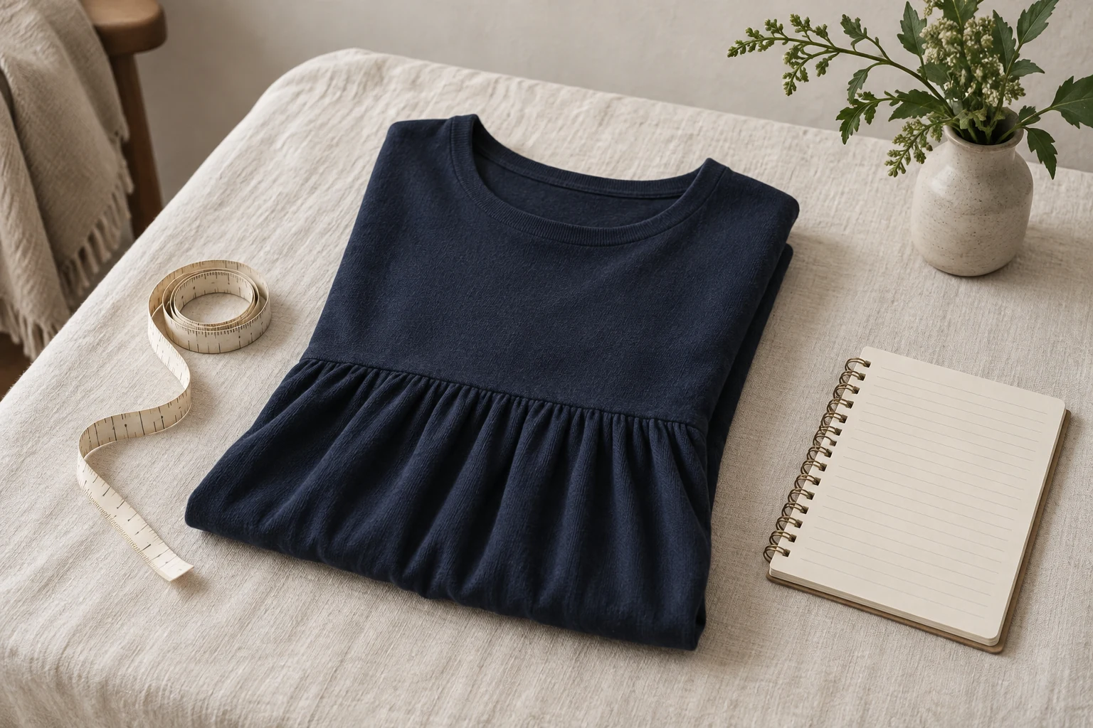 A folded navy knit dress rests on off white linen beside a coiled cream tape measure and a blank lined notebook.