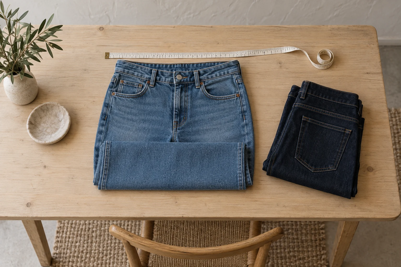 Folded medium wash and dark indigo jeans sit with a plain tape measure on a pale wooden table.