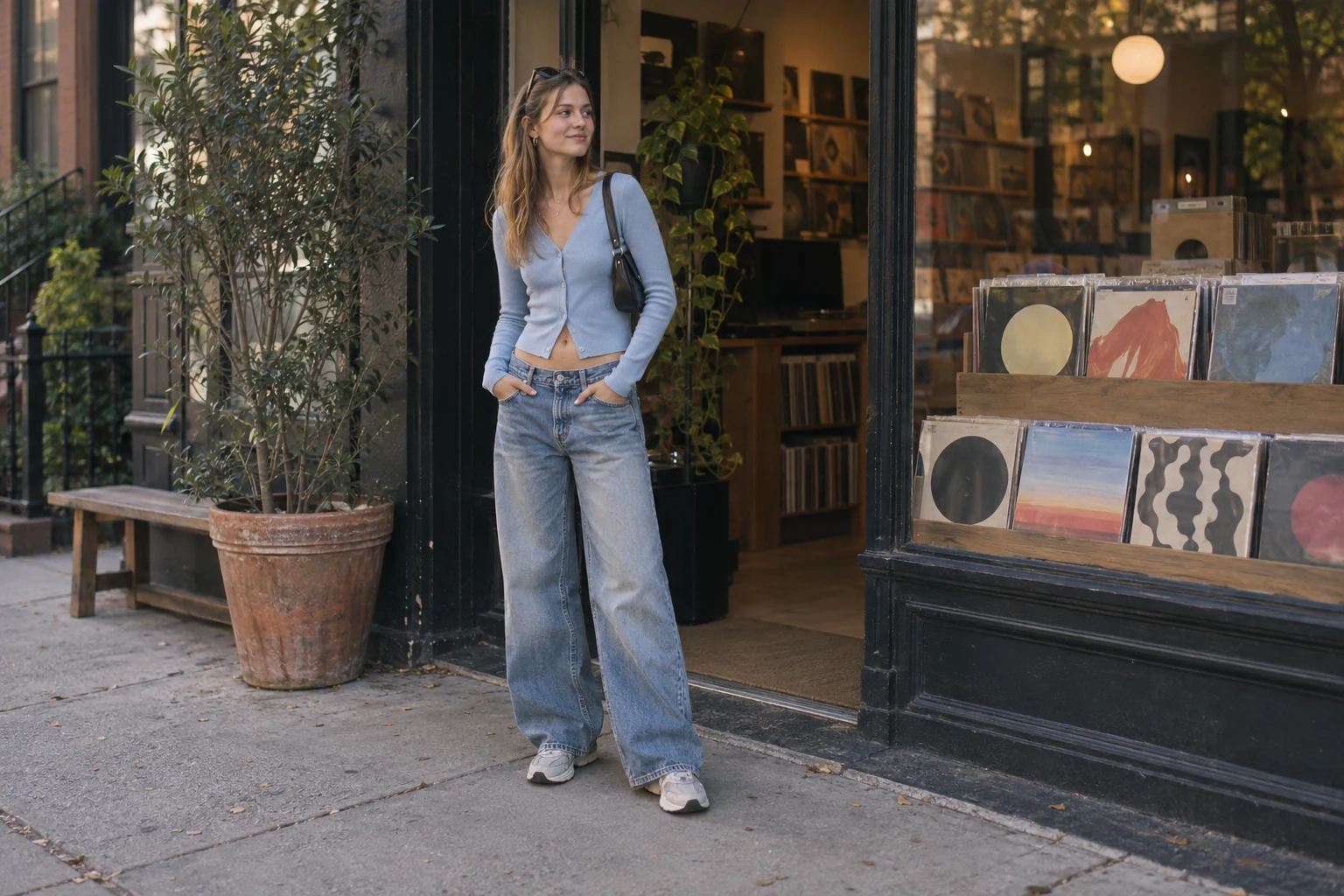 A young Chinese woman smiles outside a record shop in a blue cardigan, wide leg jeans, sneakers and a small shoulder bag.