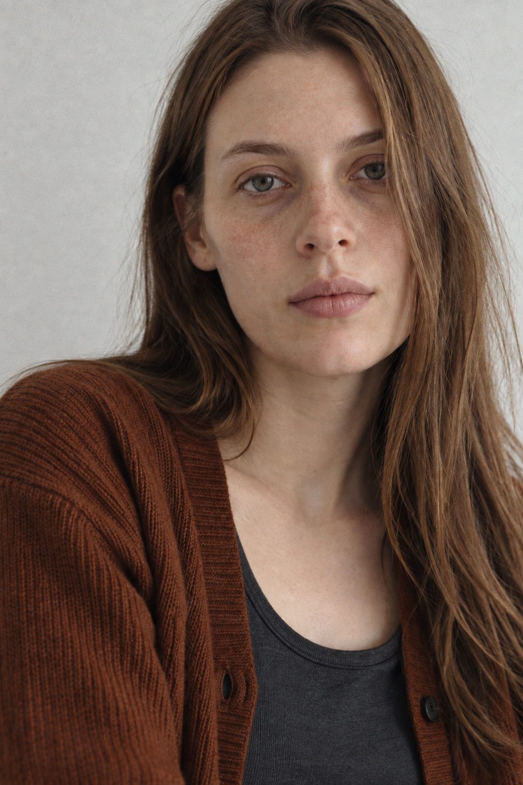 A close head-and-shoulders photograph of a long-haired woman in a muted russet cardigan, looking directly toward the photographer.