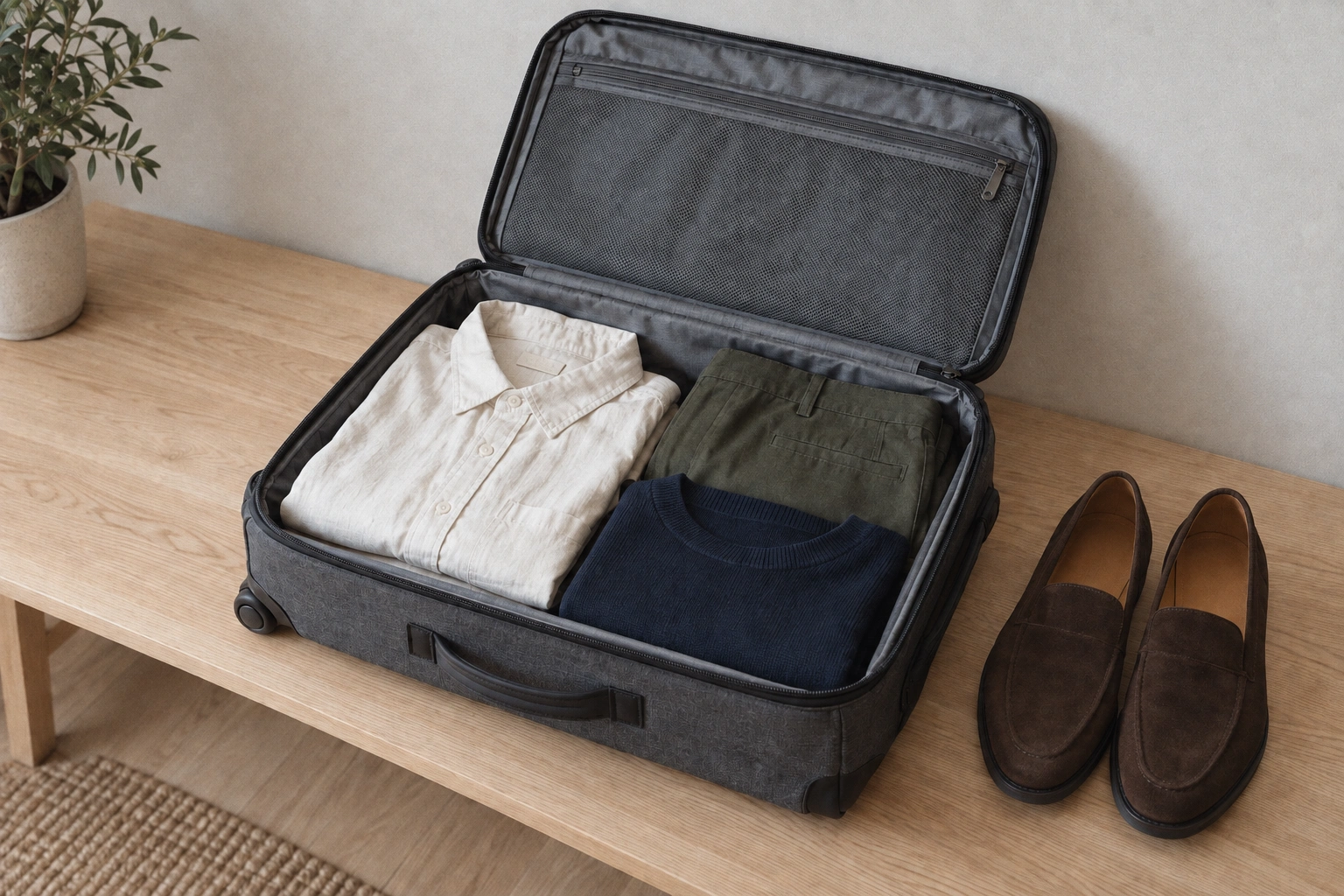 An open charcoal suitcase on a pale oak bench, with a few folded clothes inside and a pair of loafers beside it.