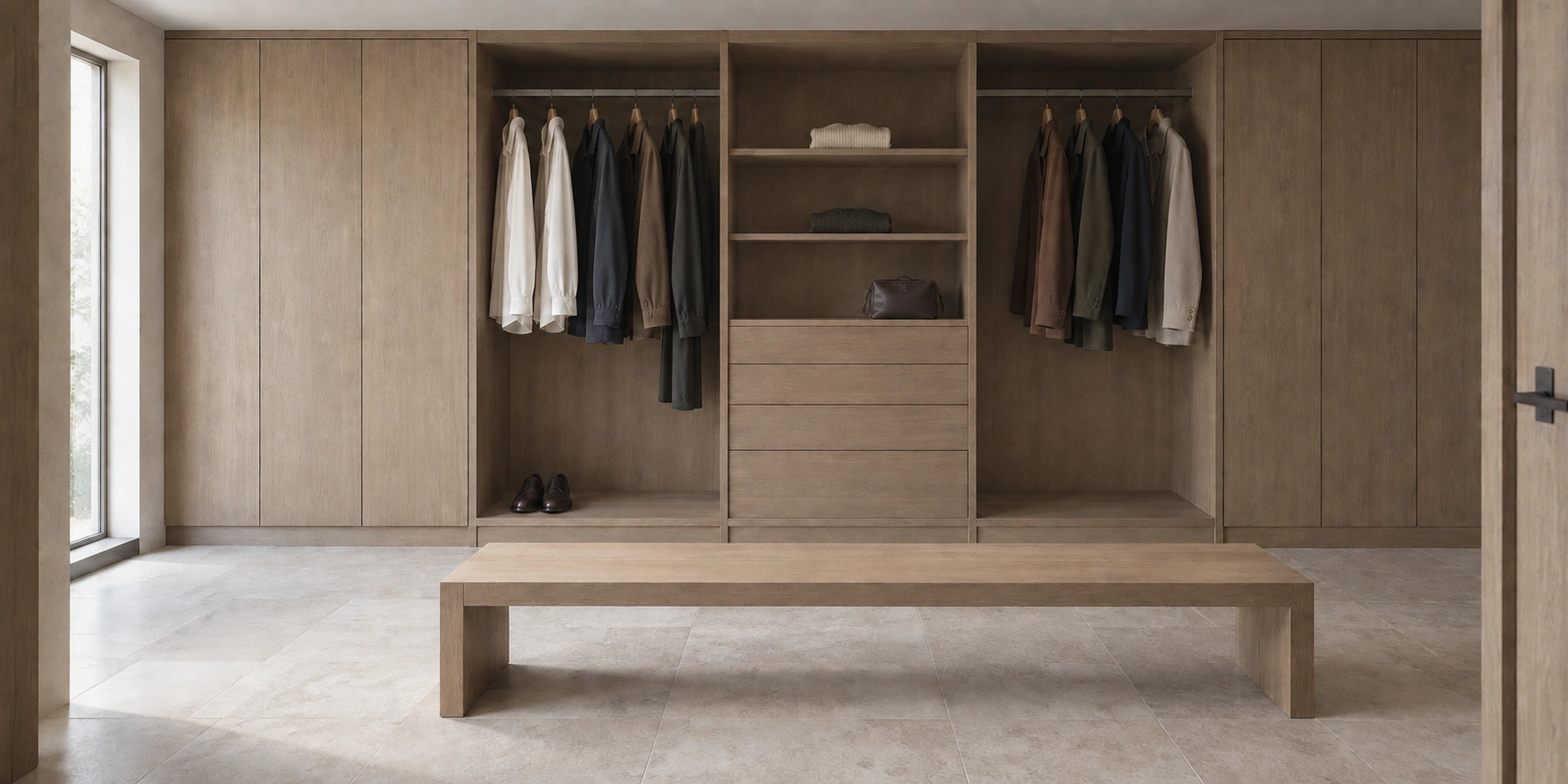 A quiet private dressing room with pale oak wardrobes, neatly spaced clothing, open shelves, drawers and a low bench in natural window light.